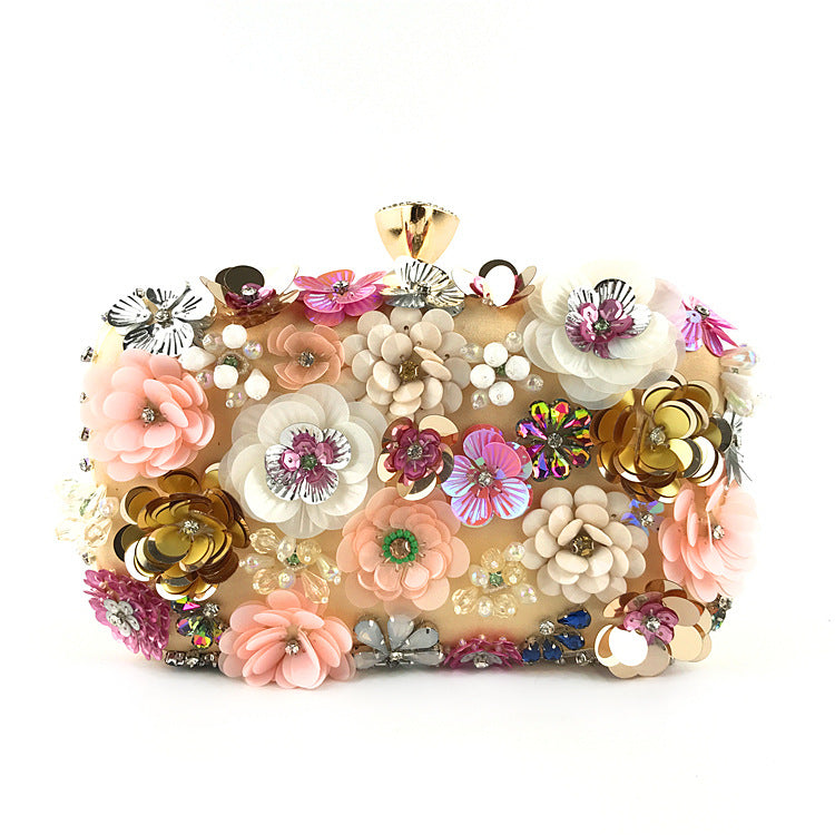 Floral Embellished Box Clutch with Gold Accents - Hilu