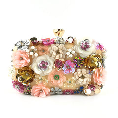Floral Embellished Box Clutch with Gold Accents - Hilu