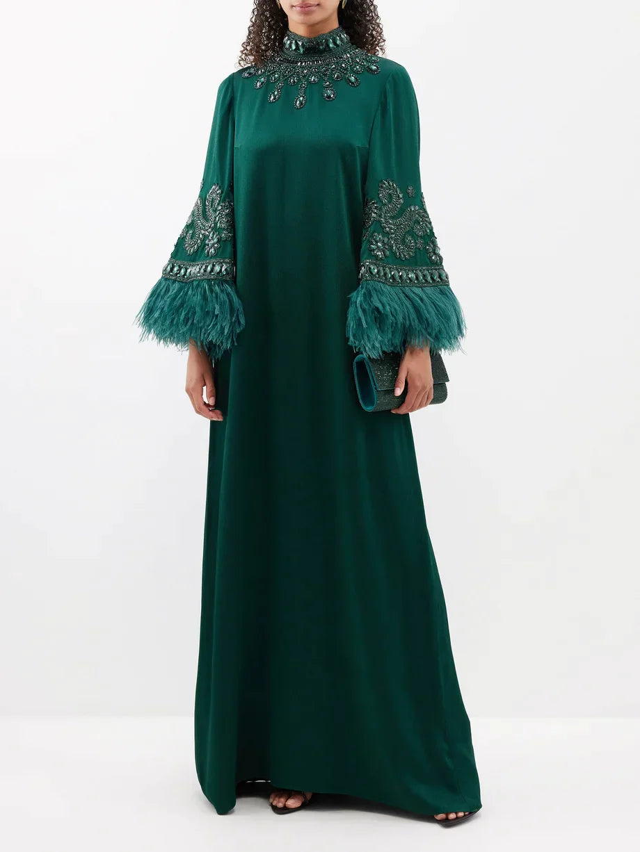 Embellished feather-cuff kaftan gown – Zehira