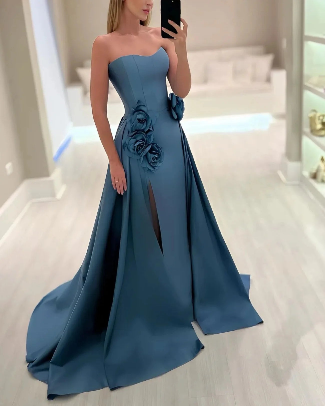 Strapless A-line gown with floral appliqué and front slit – AZURE