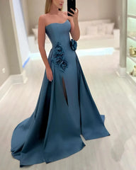 Strapless A-line gown with floral appliqué and front slit – AZURE