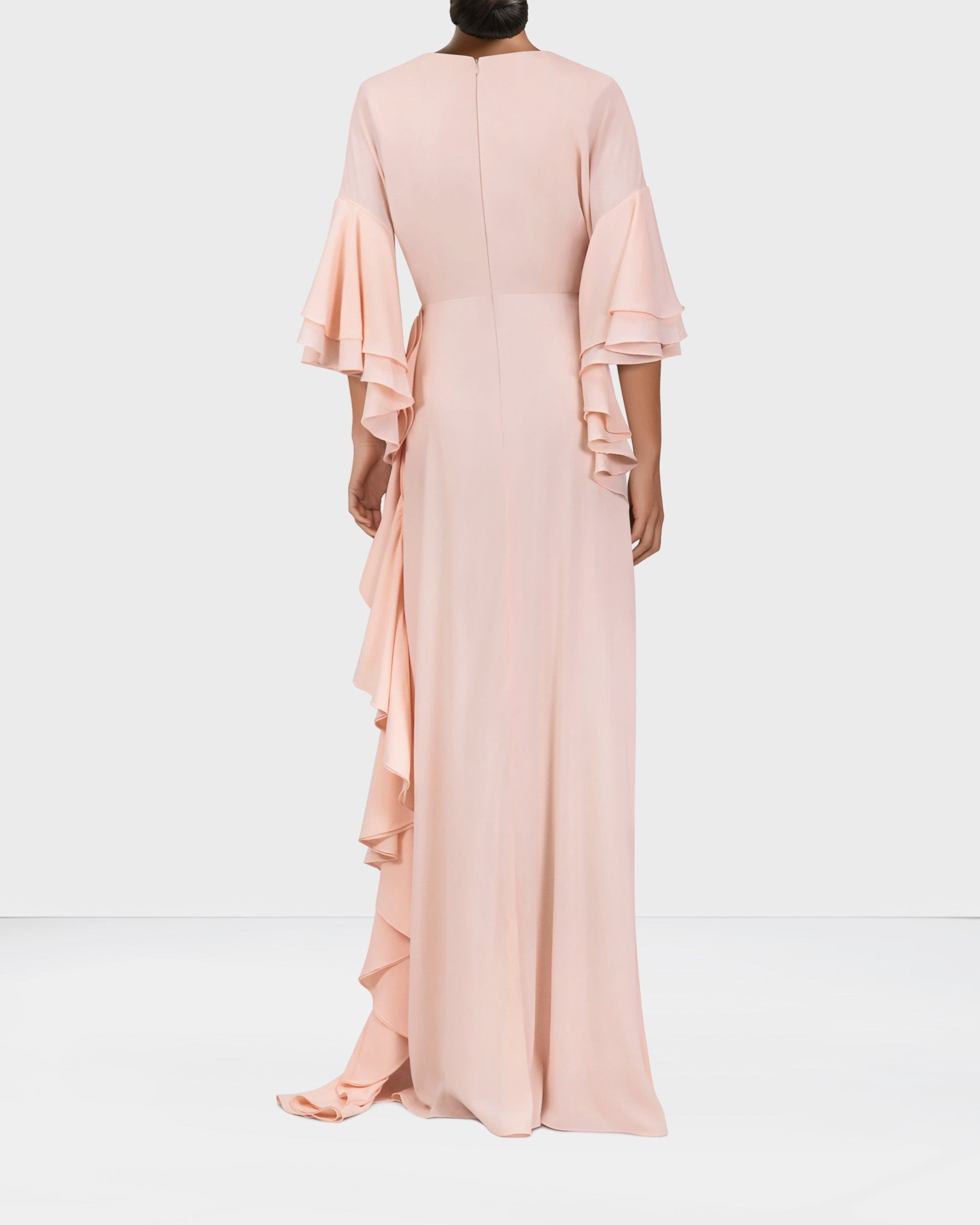 Ruffle column dress with V neckline