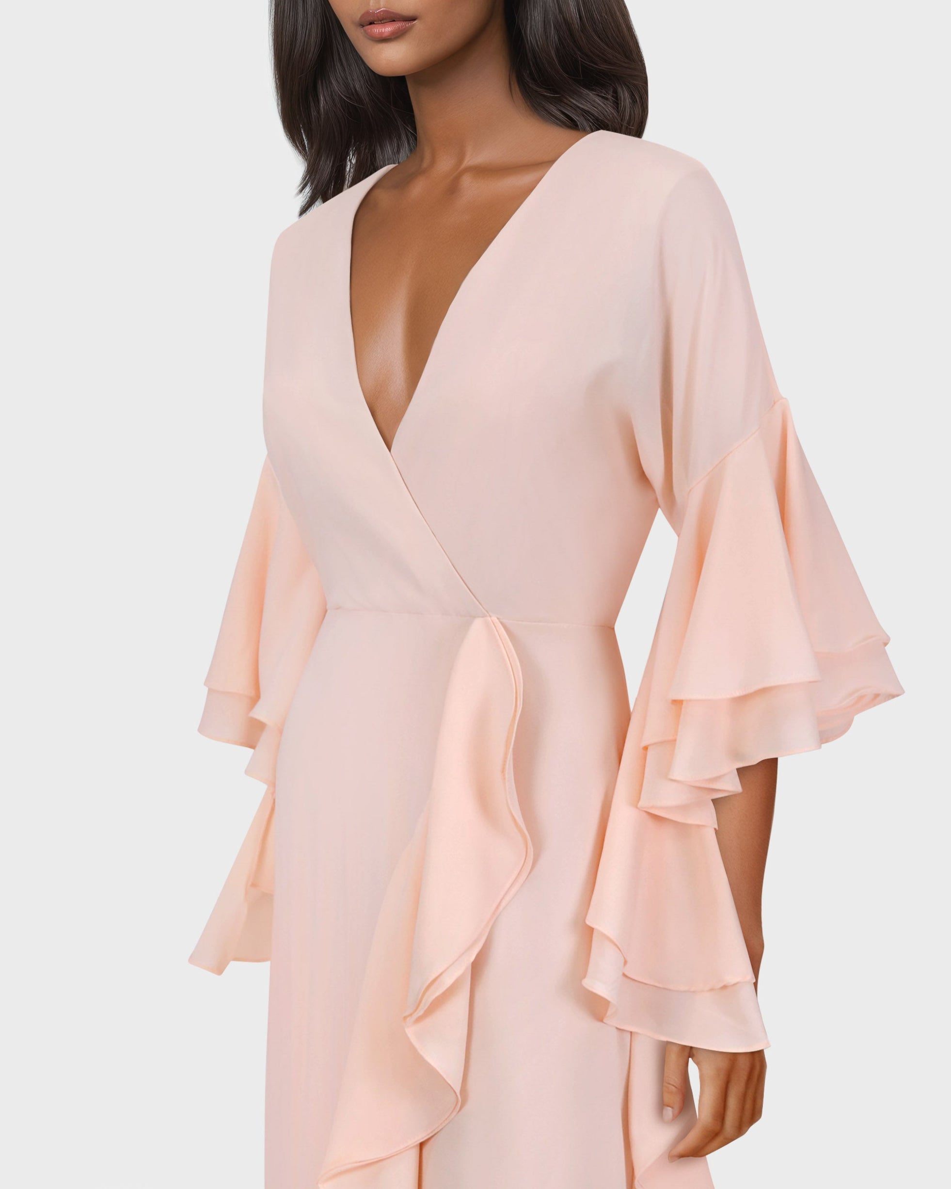 Ruffle column dress with V neckline