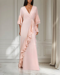 Ruffle column dress with V neckline
