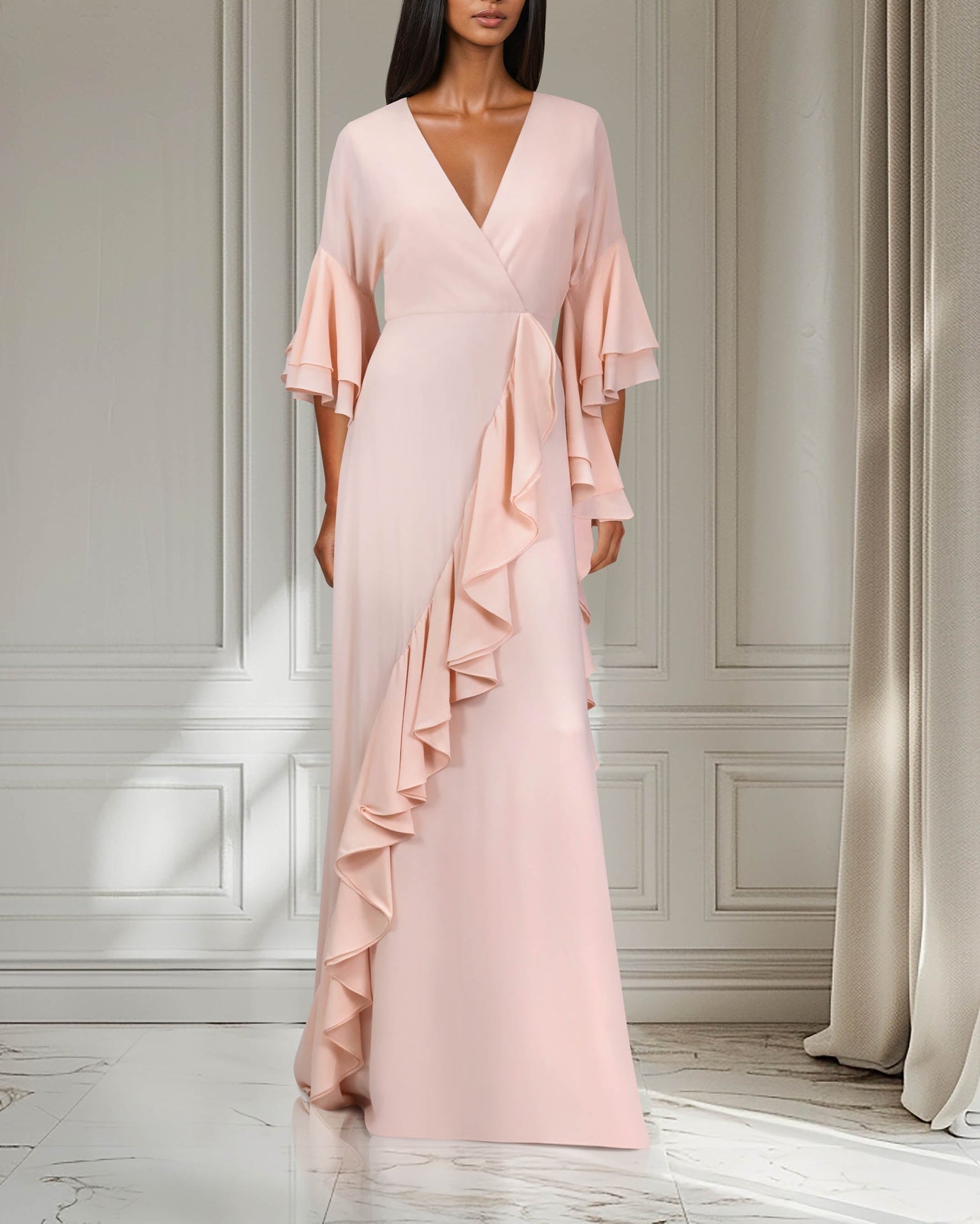 Ruffle column dress with V neckline