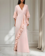 Ruffle column dress with V neckline
