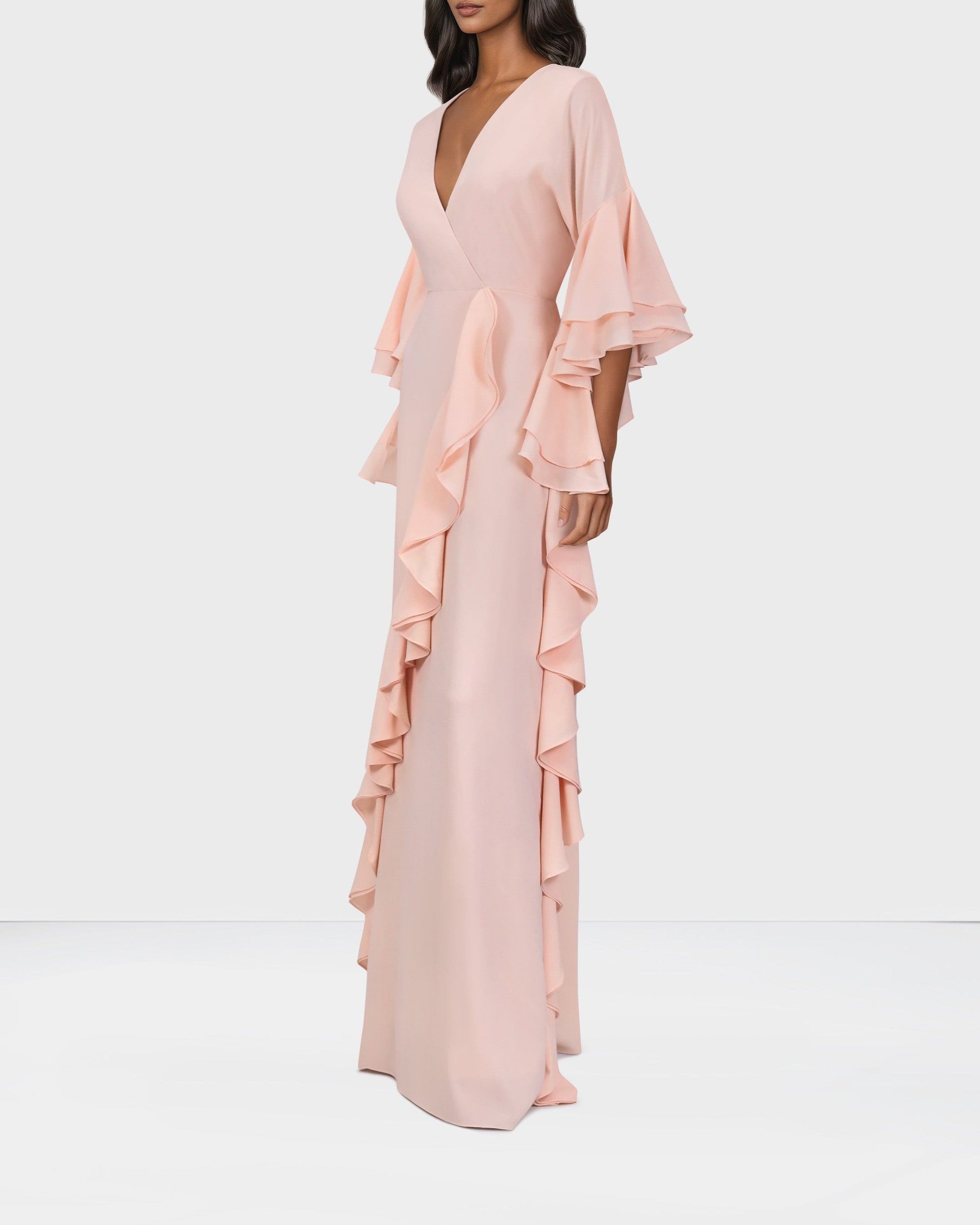 Ruffle column dress with V neckline