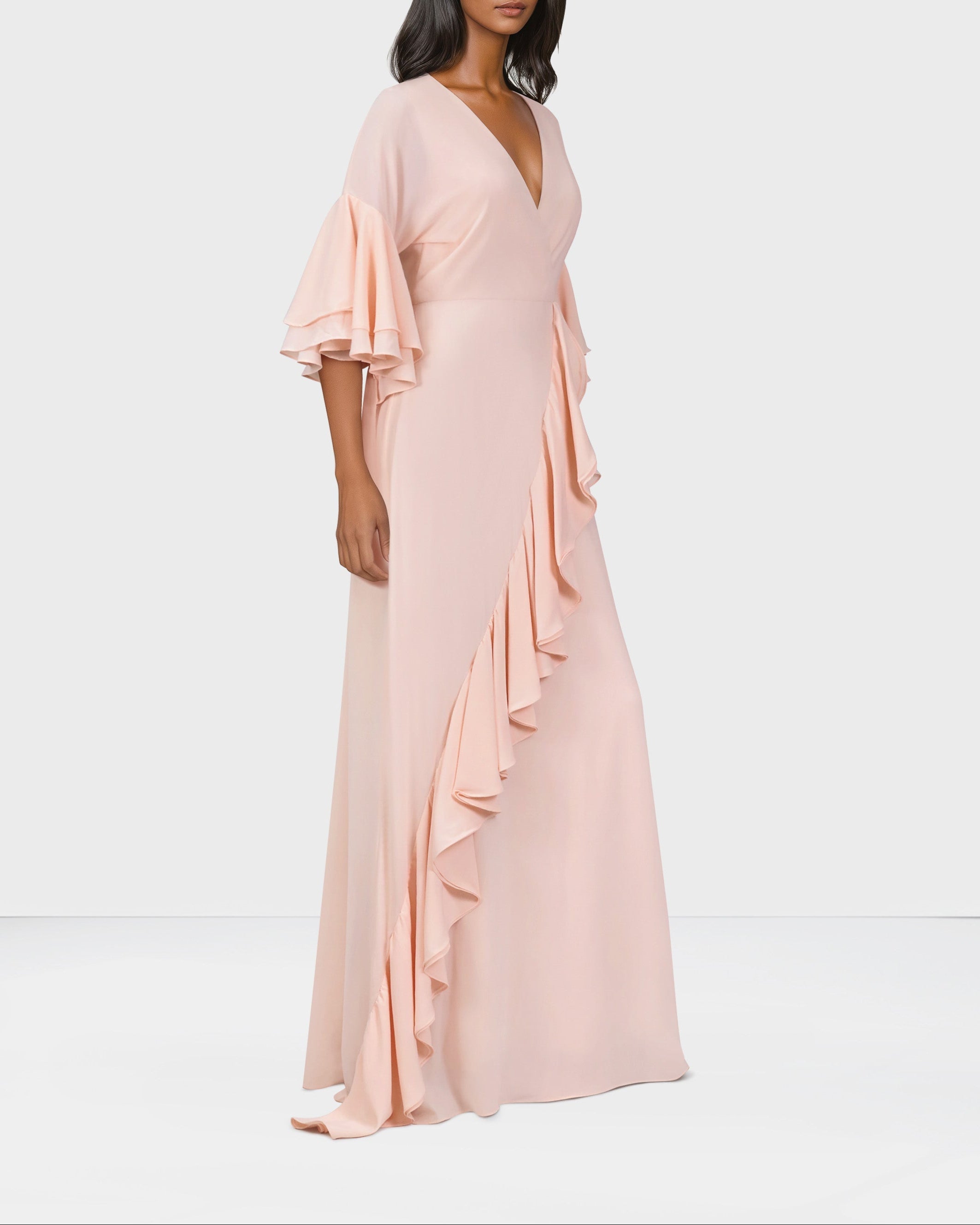Ruffle column dress with V neckline