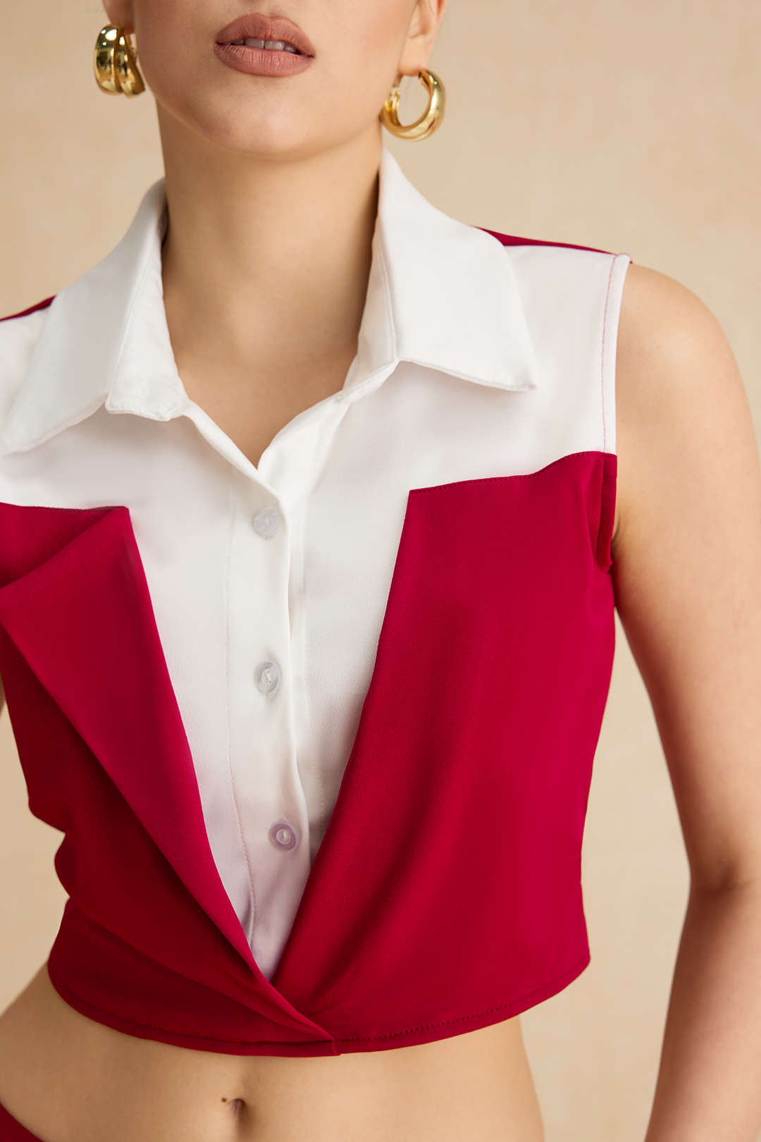 Patchwork Button Tie Back Sleeveless Top And Zipper Pocket Trousers Set