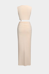 Ruched Cut Out V-Neck Sleeveless Slit Maxi Dress