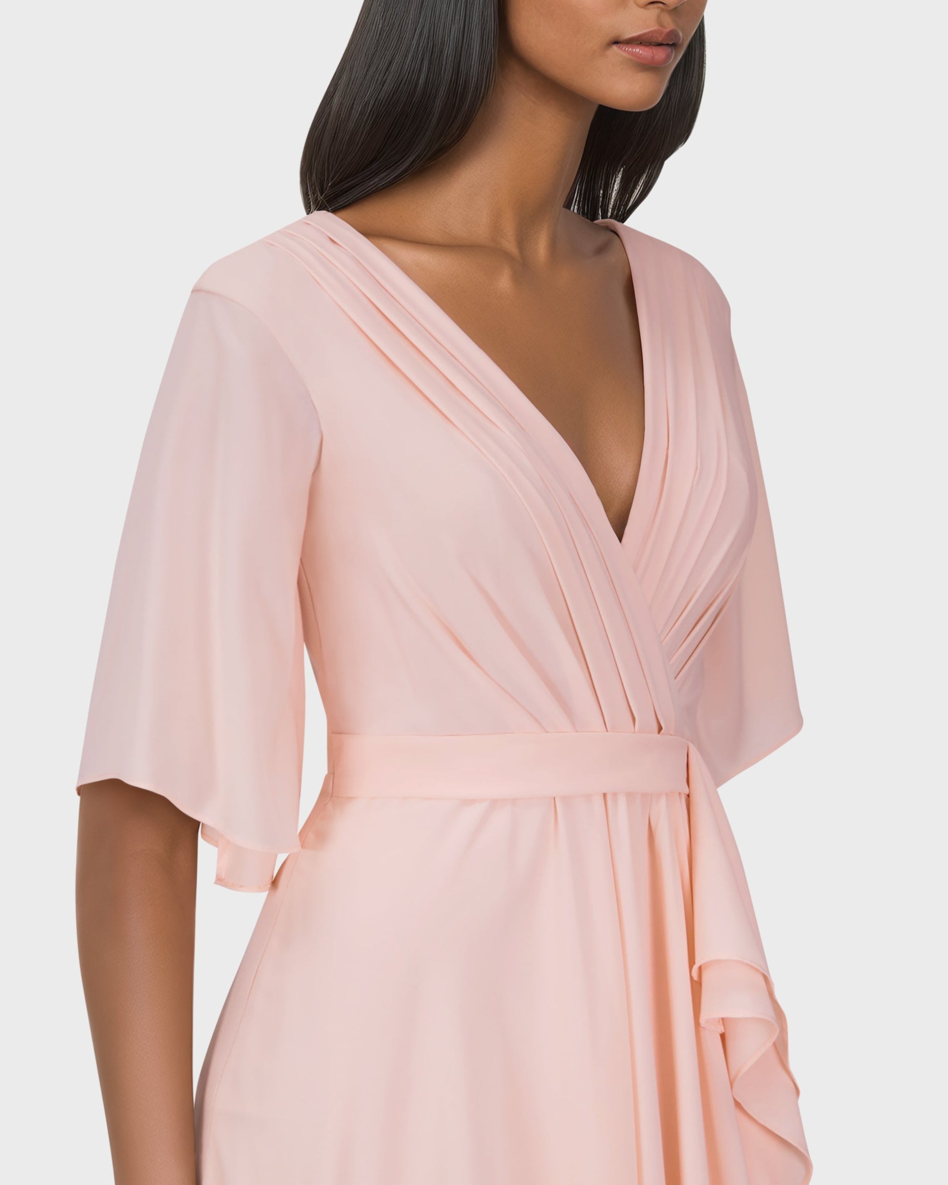 Ruffle column dress with pleated front