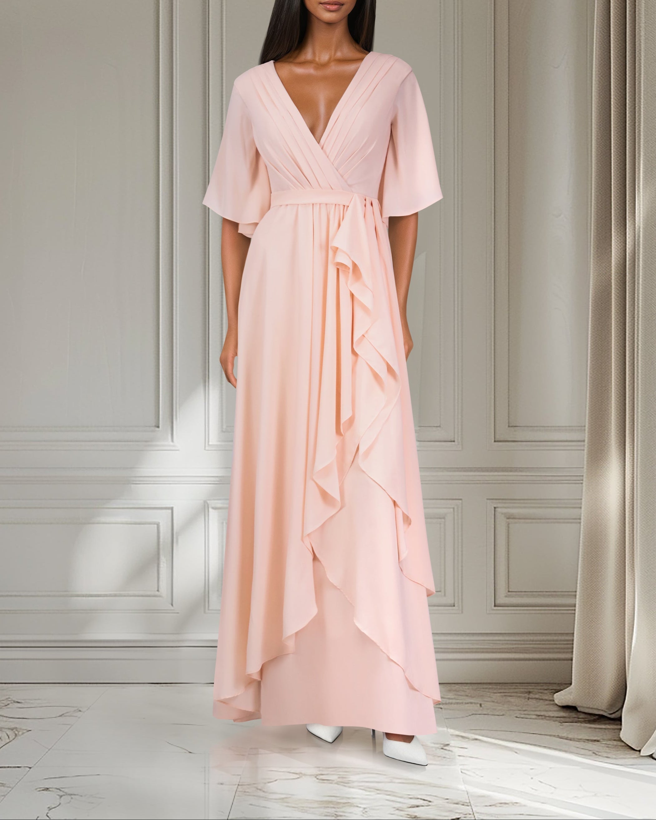Ruffle column dress with pleated front