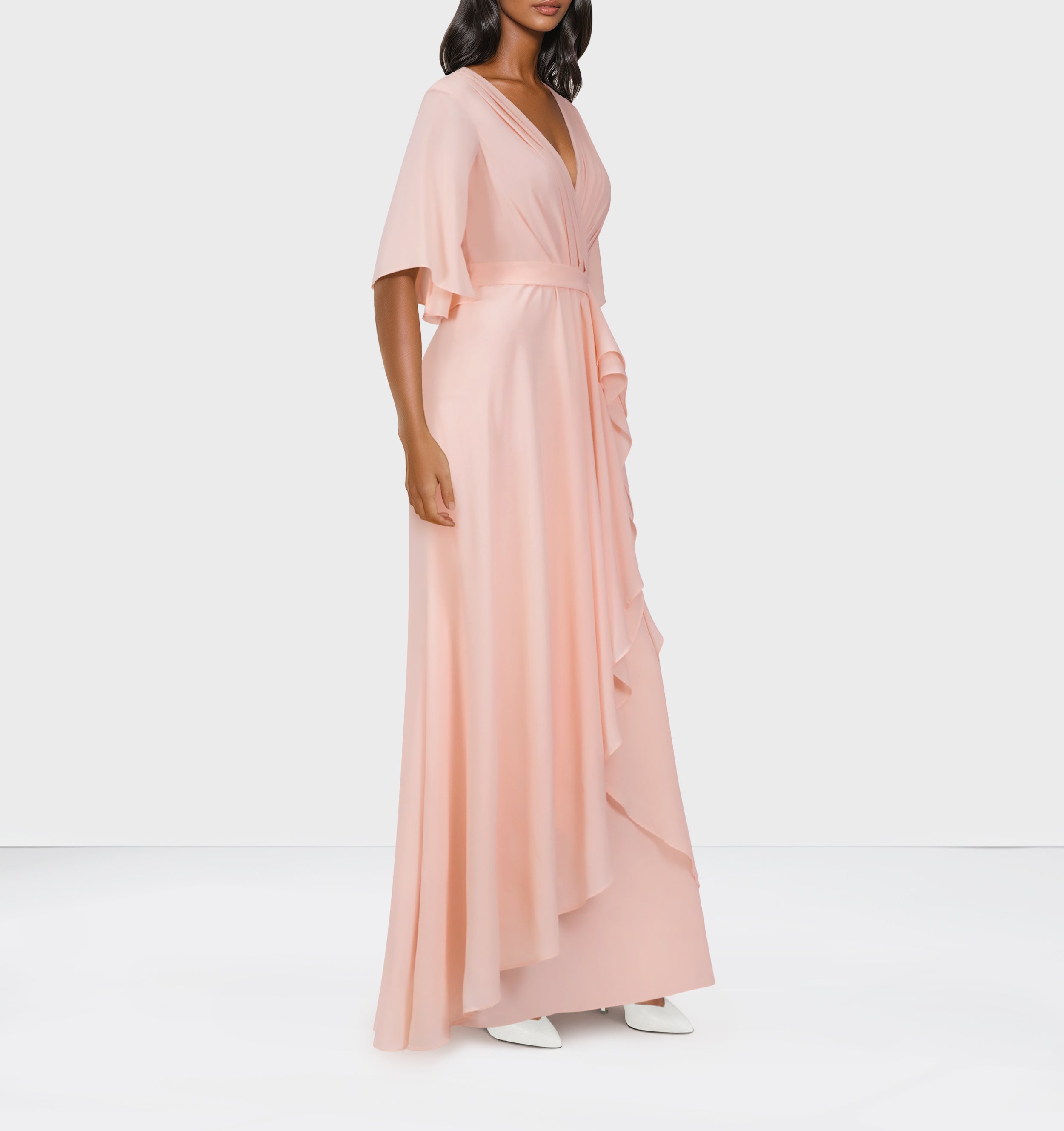 Ruffle column dress with pleated front