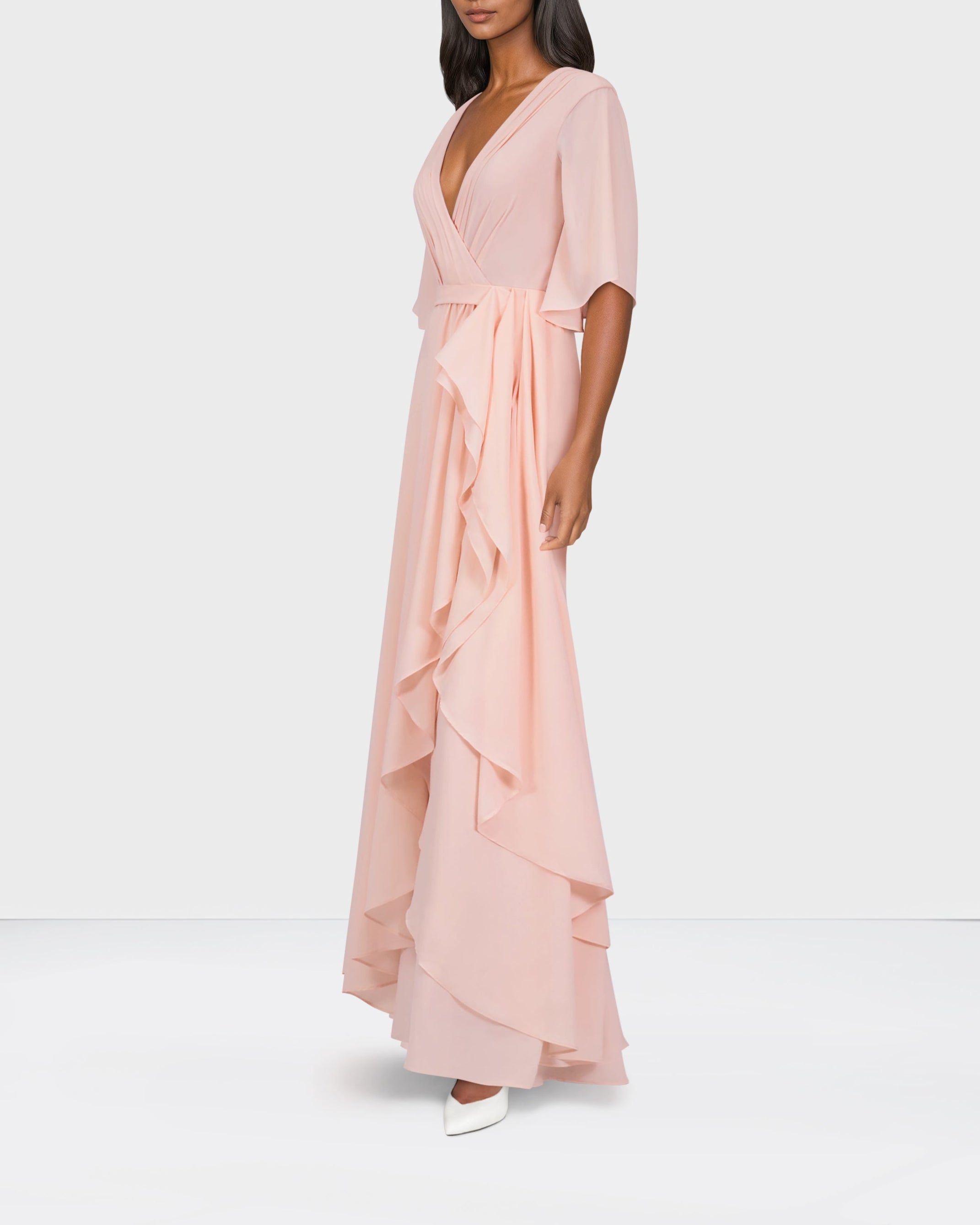 Ruffle column dress with pleated front