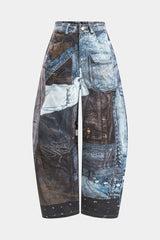 Abstract Print Button Pocket Wide Leg Barrel Trousers