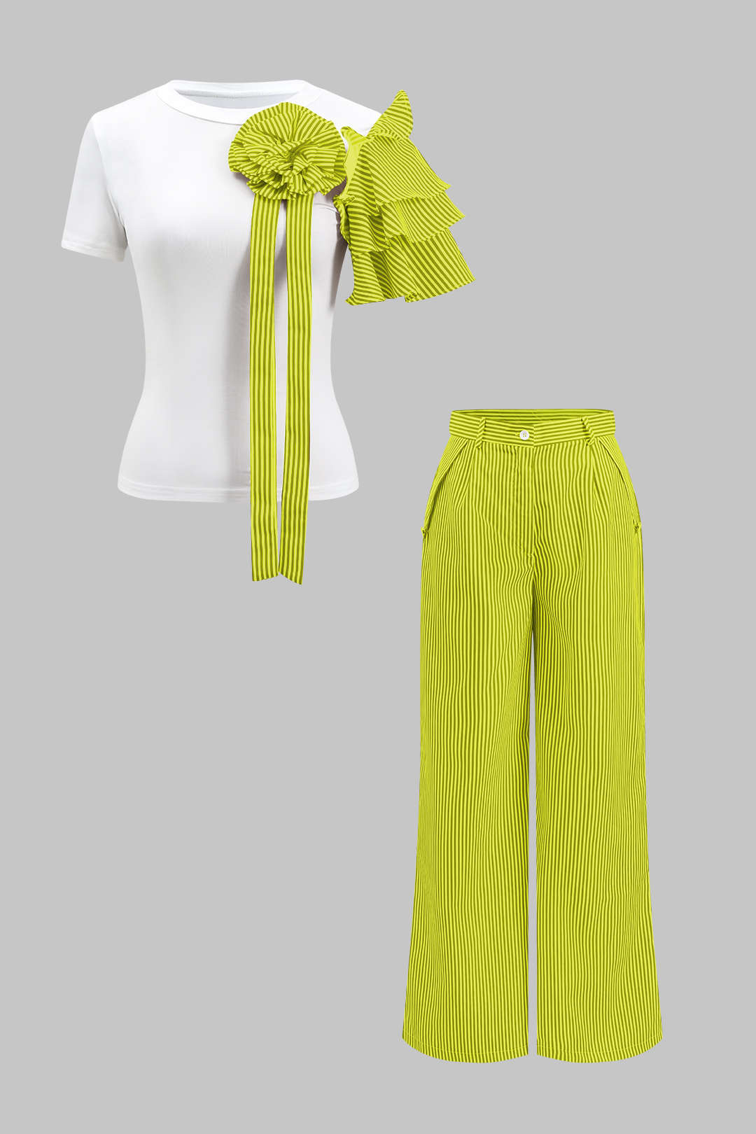 Stripe Print 3D Floral Short Sleeve Top And Button Wide Leg Trousers Set