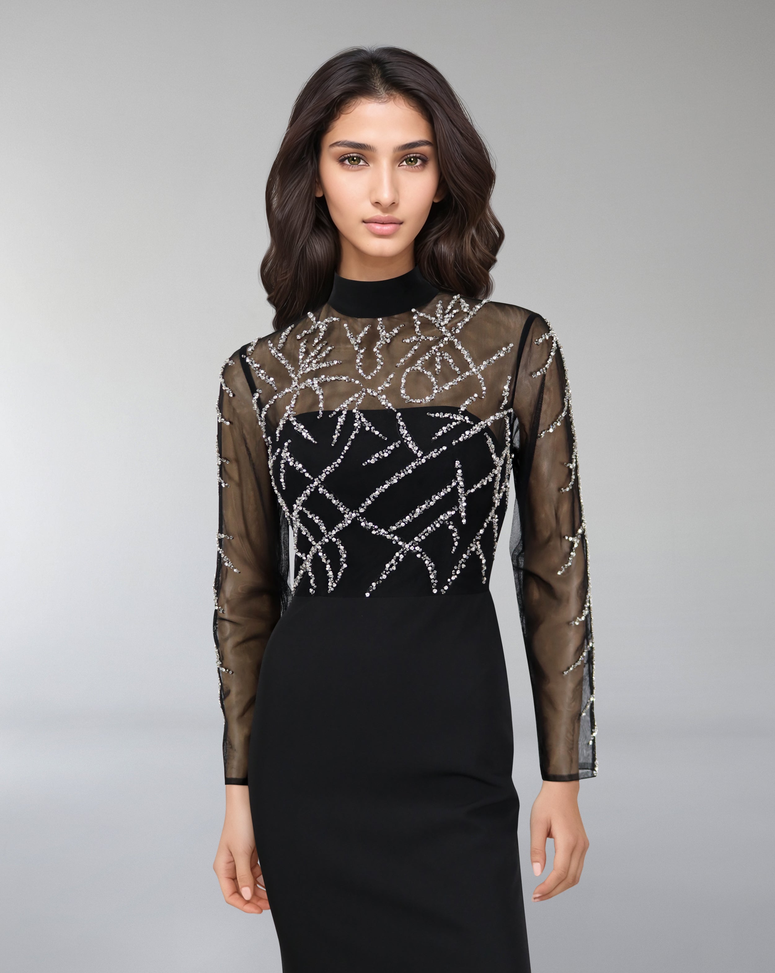 Beaded column dress with see-through top-Rumer