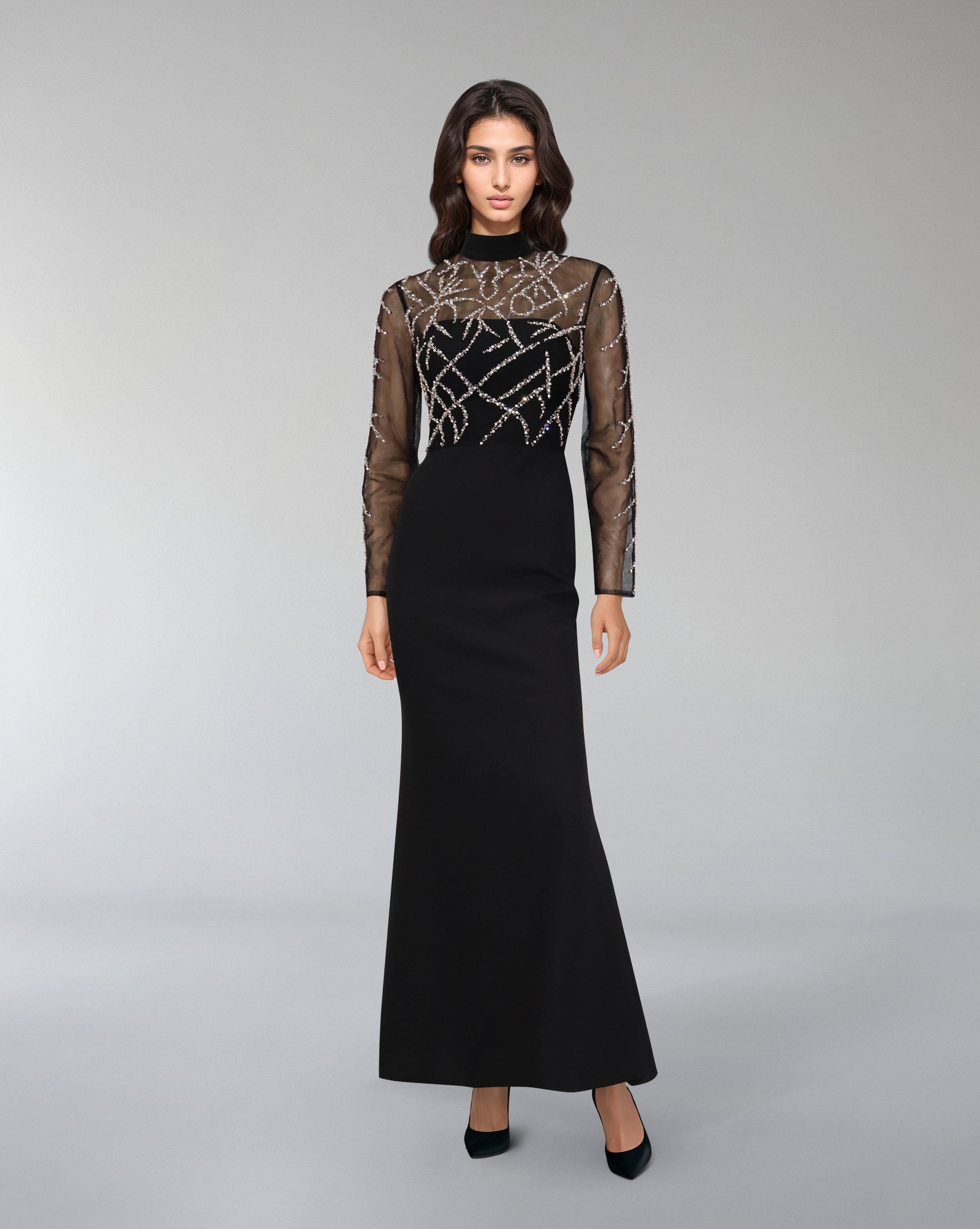 Beaded column dress with see-through top-Rumer