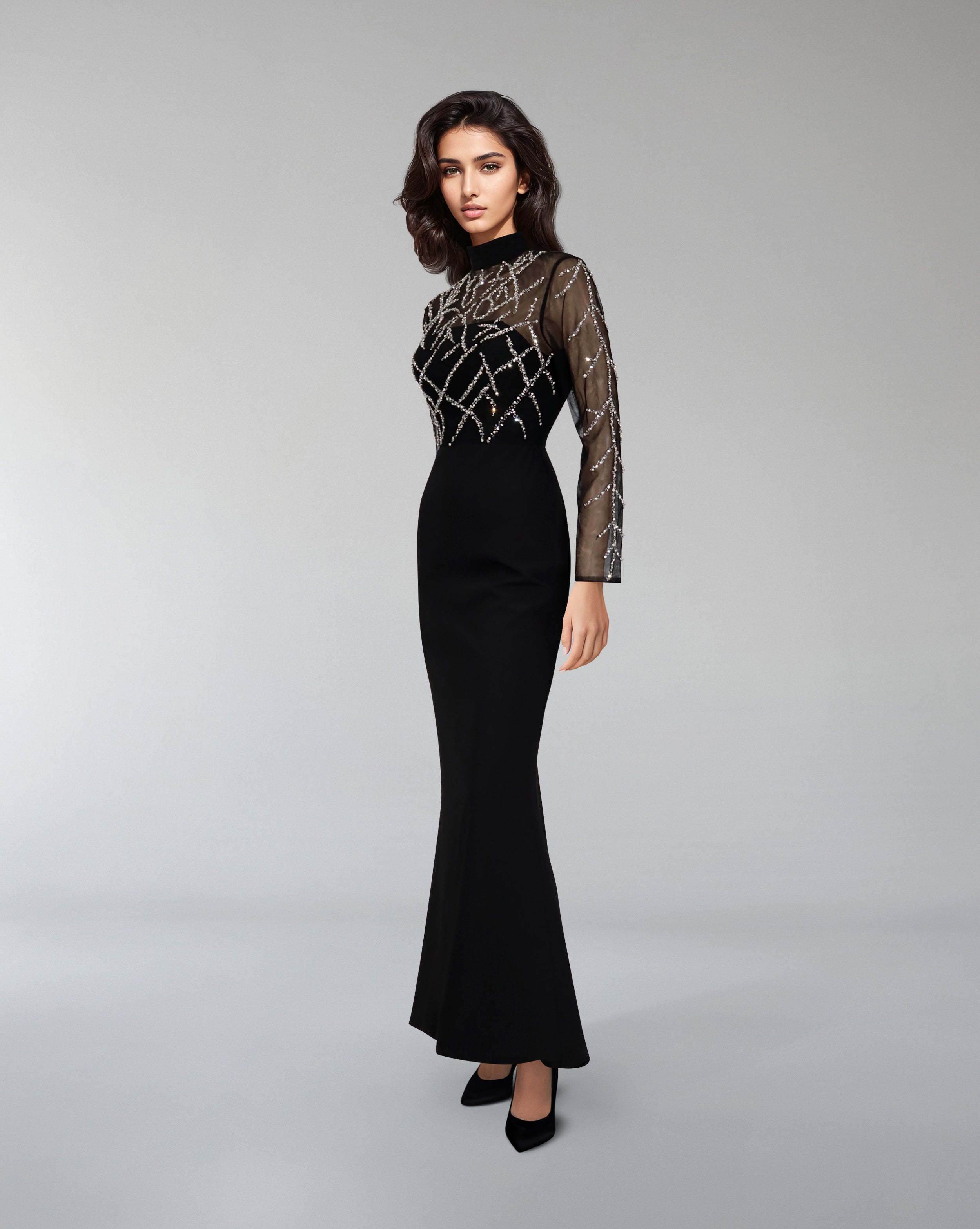 Beaded column dress with see-through top-Rumer