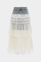 Denim Mesh Patchwork Mentalic Waist Chain Skirt