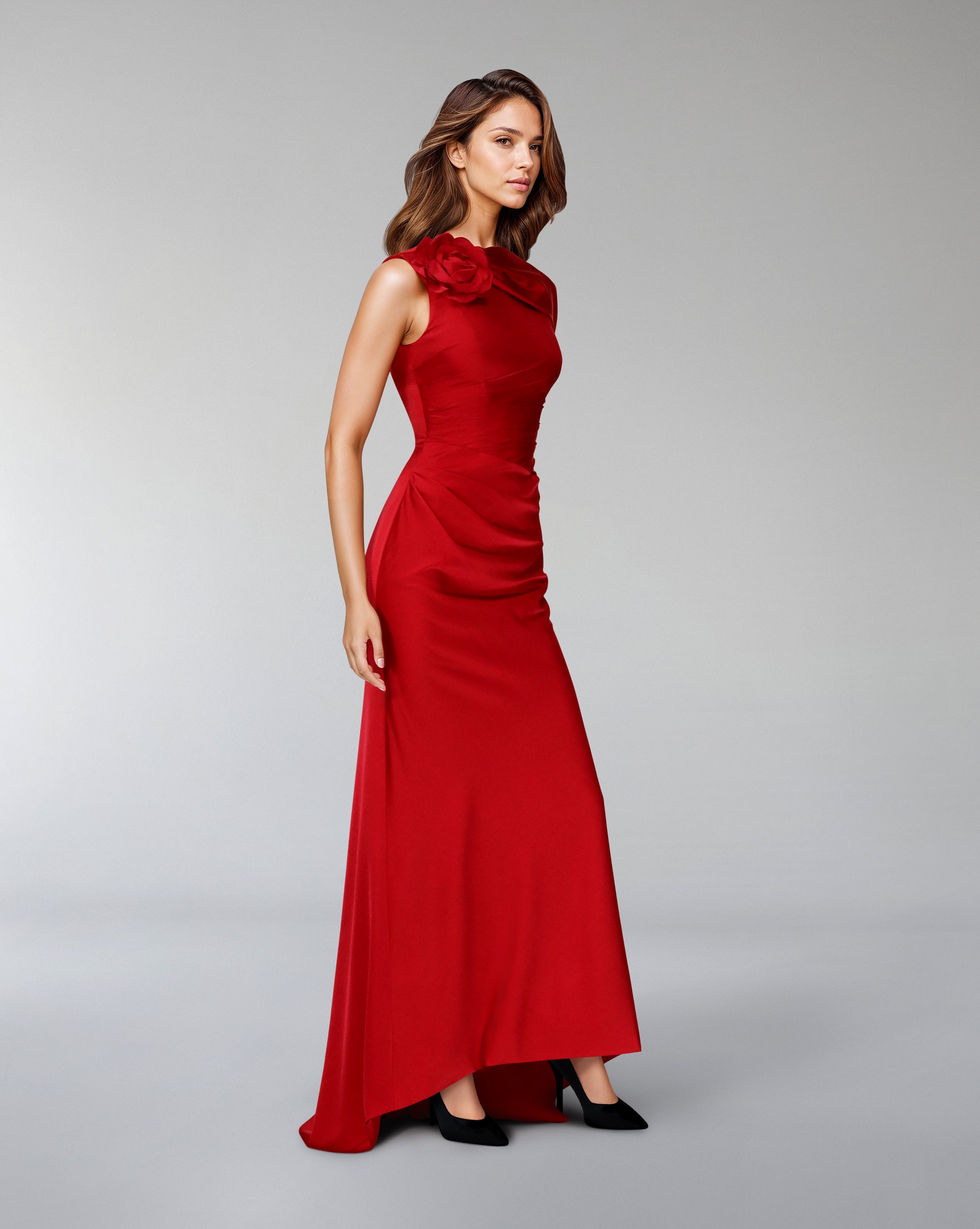Sleeveless dress with side capelet and 3D flower - ROVEE