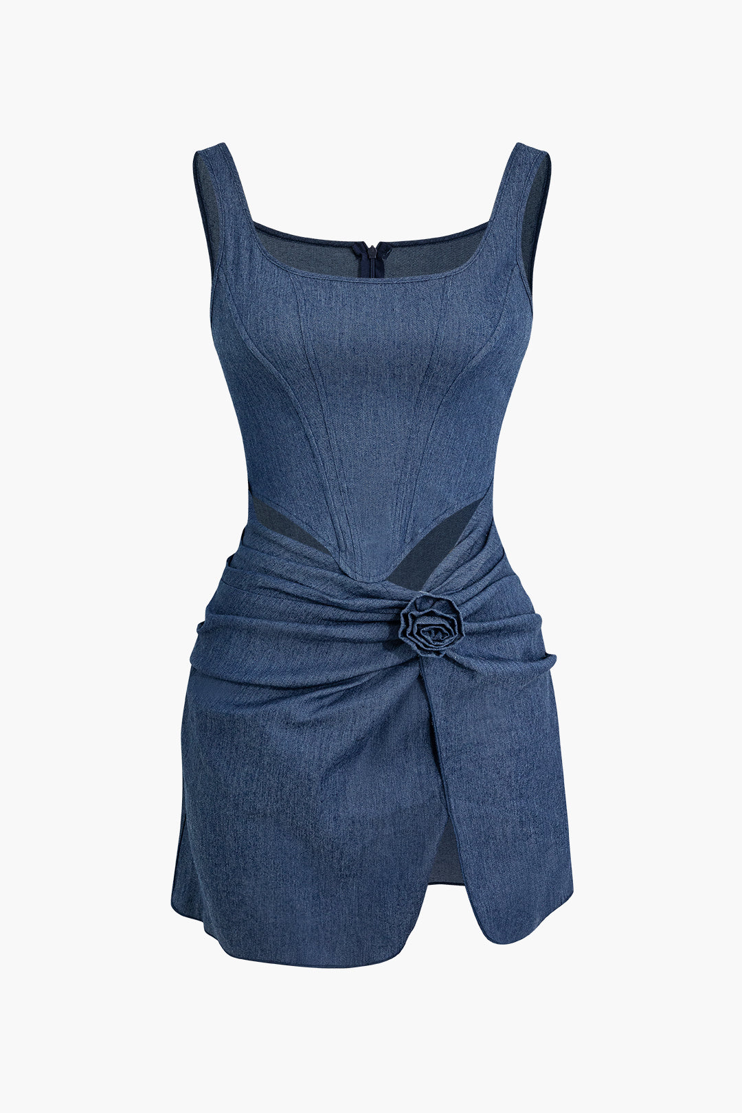 3D Flower Ruched Tank Denim Dress