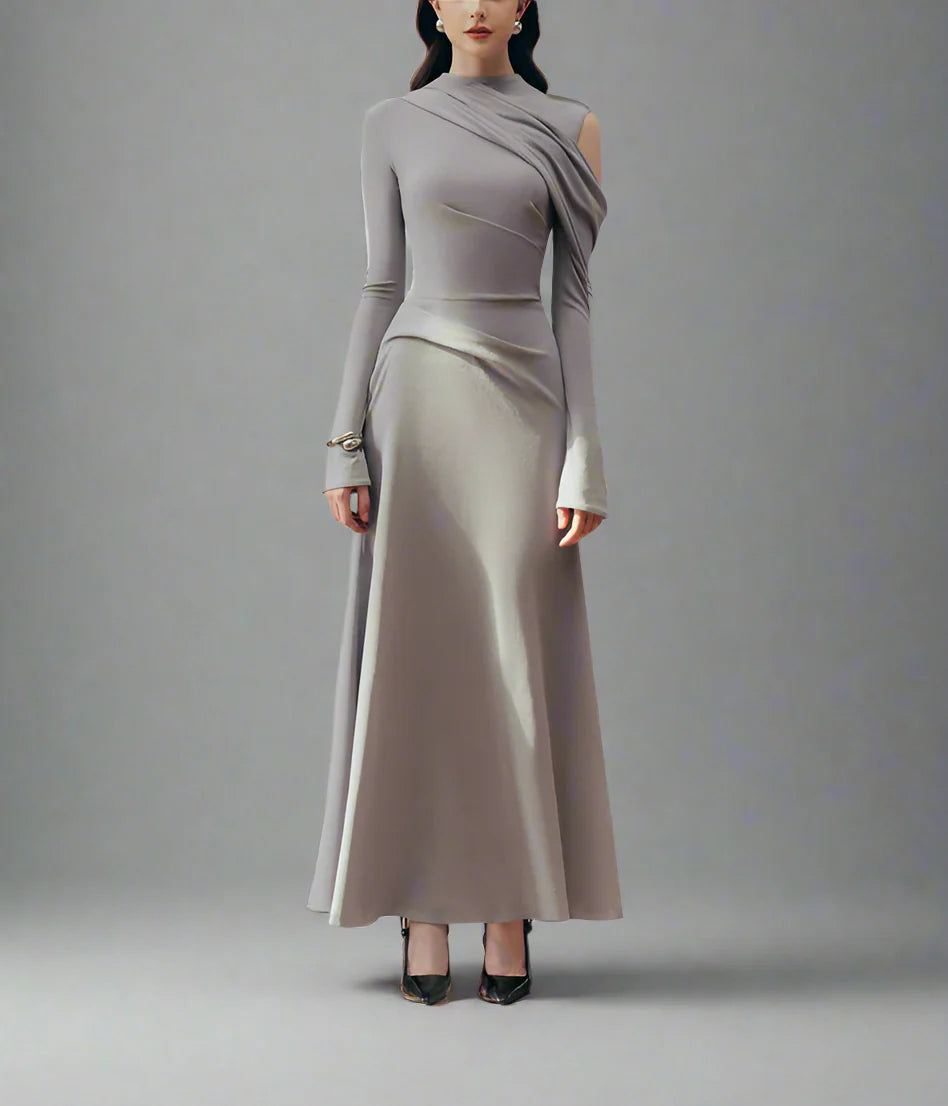 one-sleeve draped satin dress with cut-out shoulder - Magena