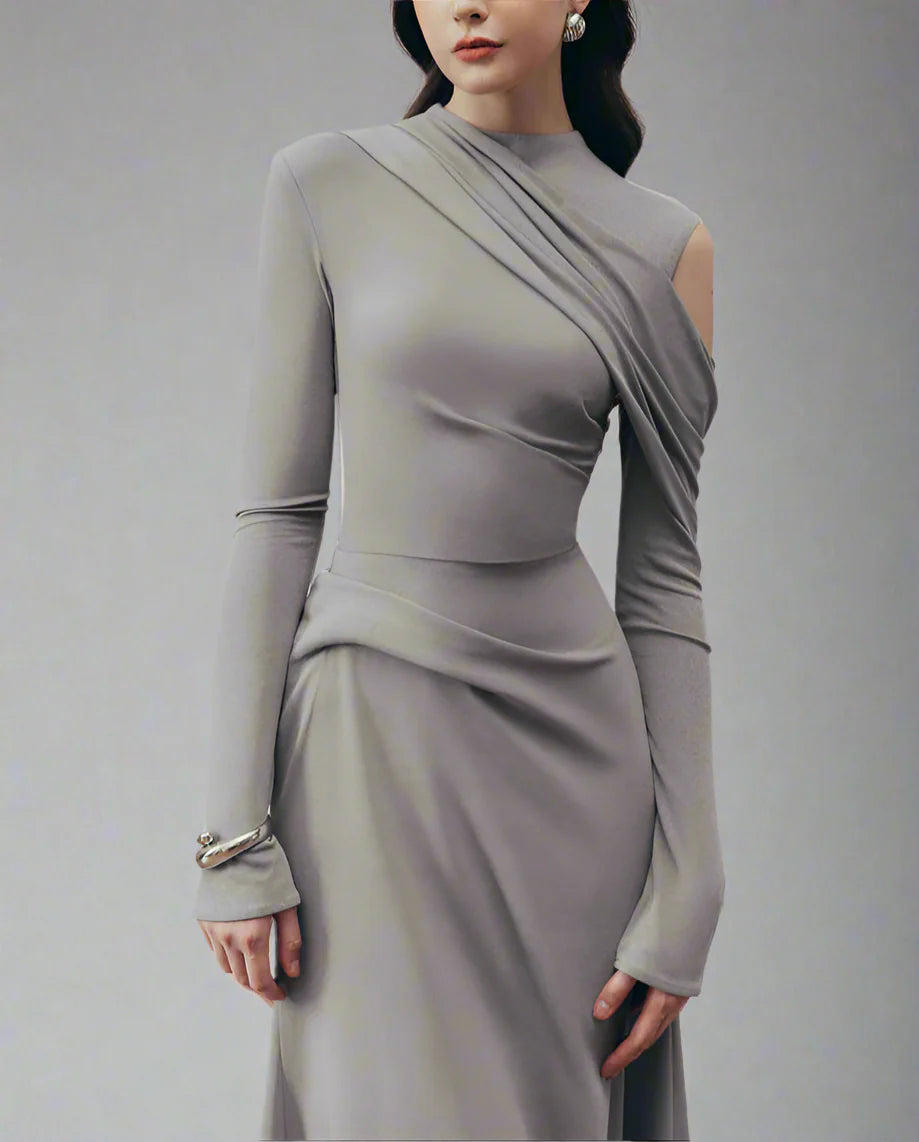 one-sleeve draped satin dress with cut-out shoulder - Magena