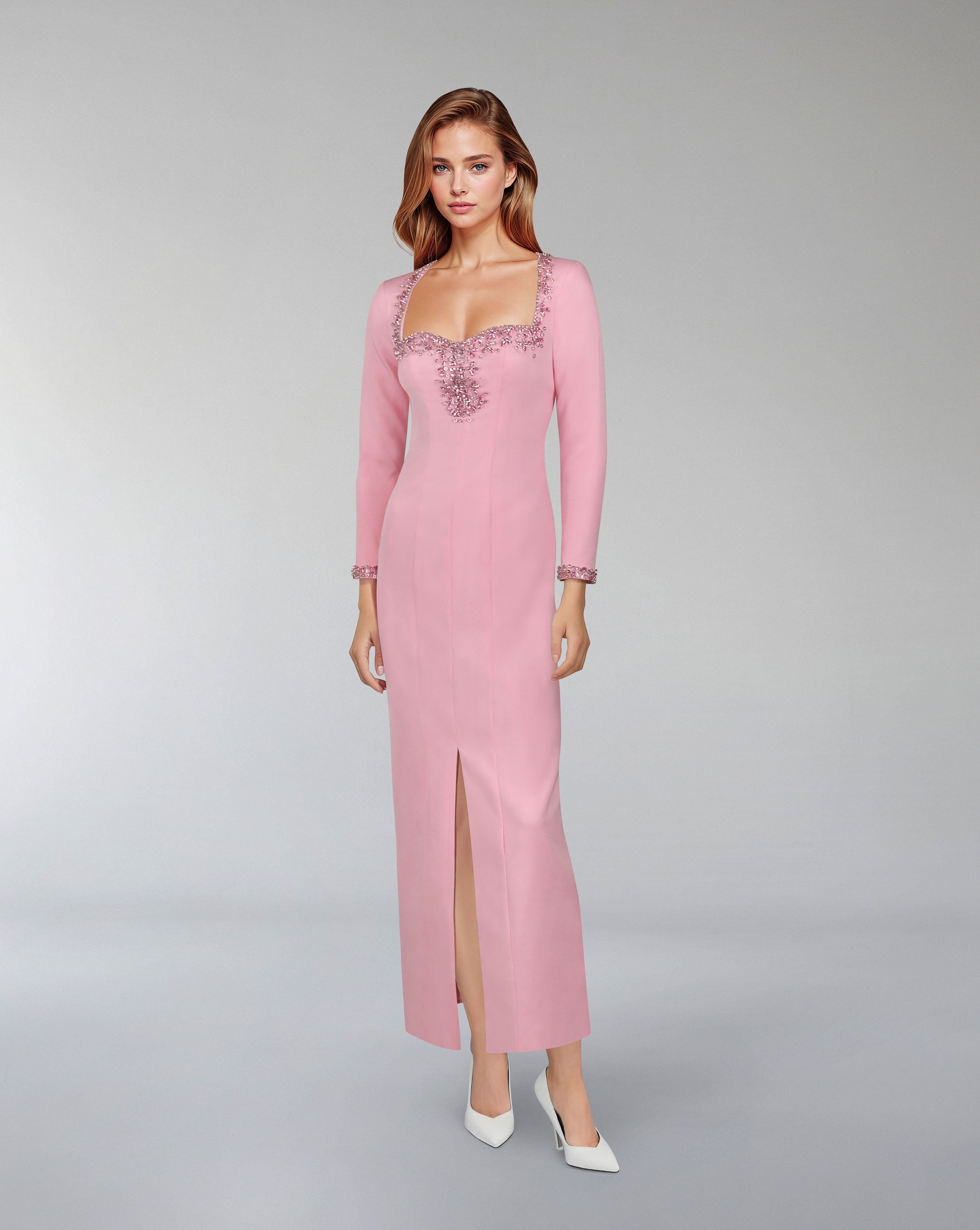 Beaded hearth neckline dress with front slit  - LORDIN
