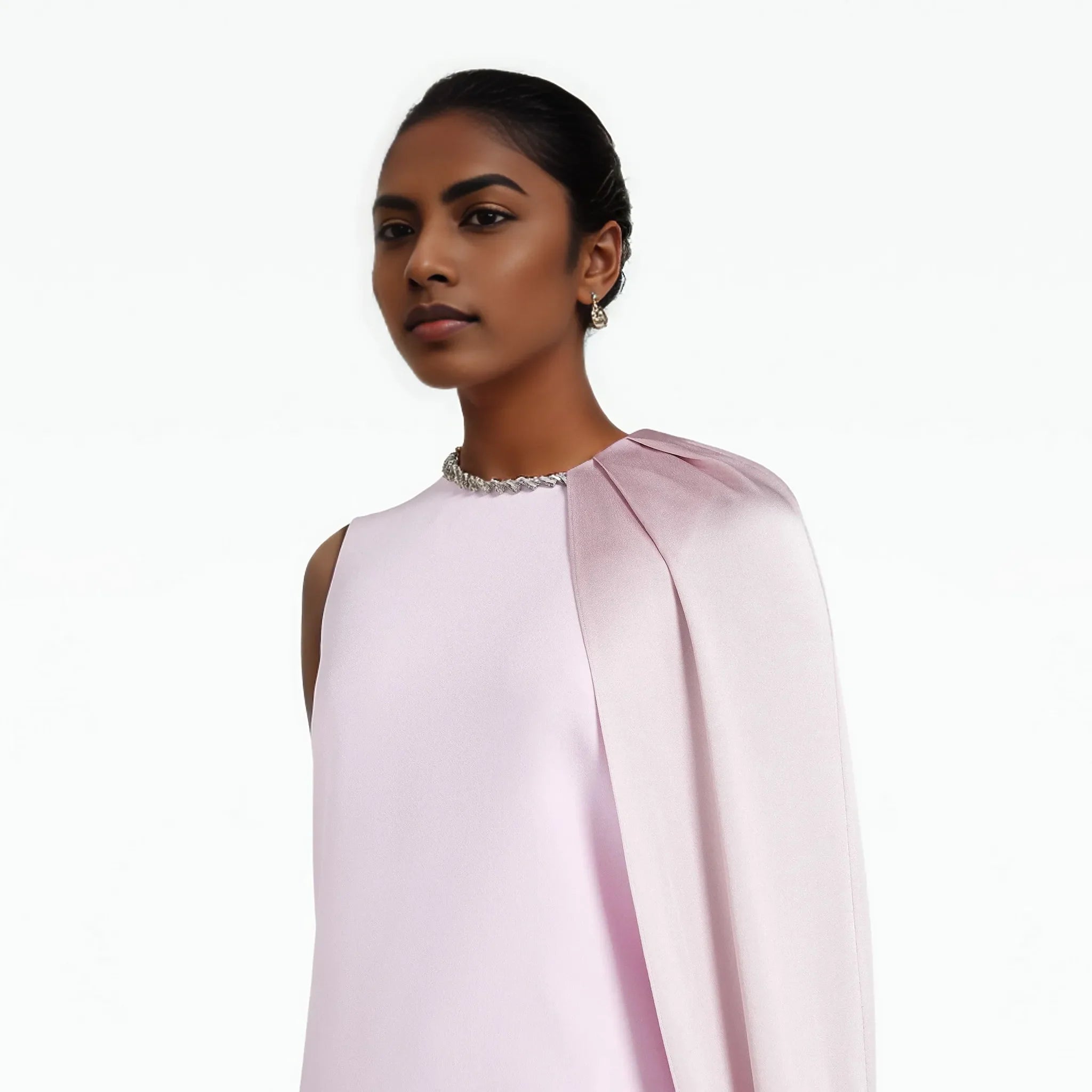 Sleeveless column gown with cascading side cape – Neiven