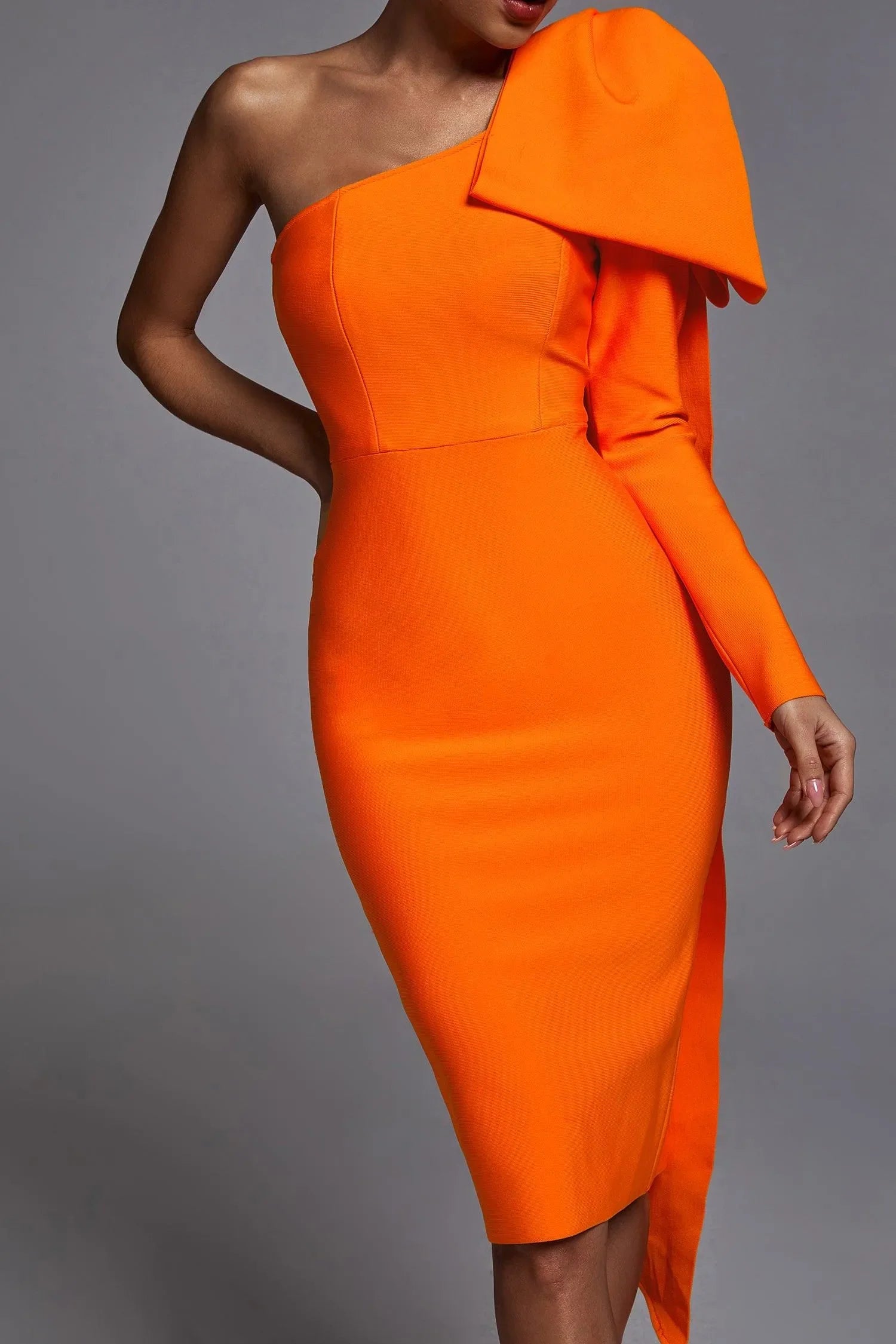 one-shoulder draped bow midi dress – Deyan