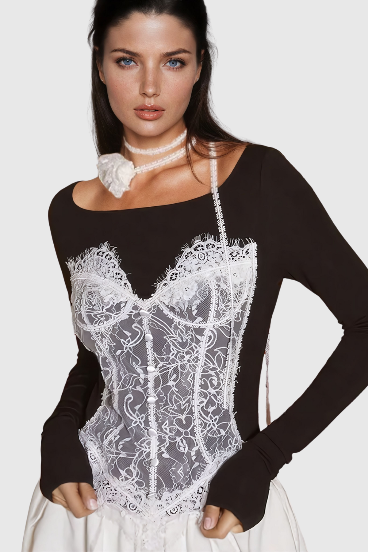 Ahmoua Lace Deconstruct Long Sleeve Top