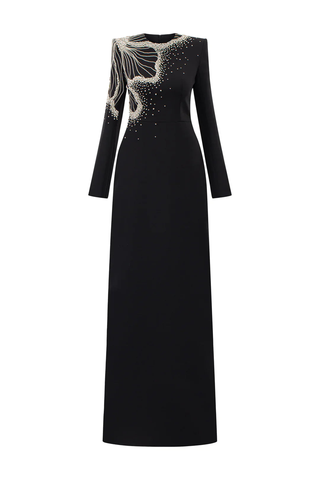 Long-Sleeve Column Dress with Beaded Floral Detail - CELESTE