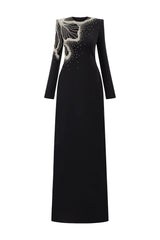 Long-Sleeve Column Dress with Beaded Floral Detail - CELESTE
