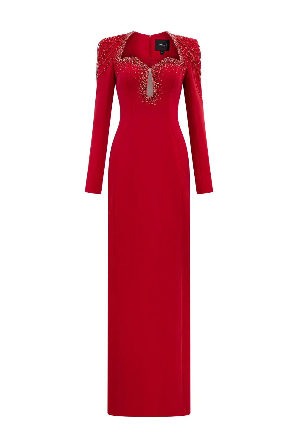 Long-Sleeve Column Dress with Beaded Shoulder Chains - ASTRA