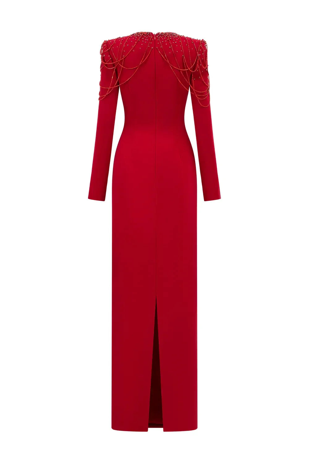 Long-Sleeve Column Dress with Beaded Shoulder Chains - ASTRA