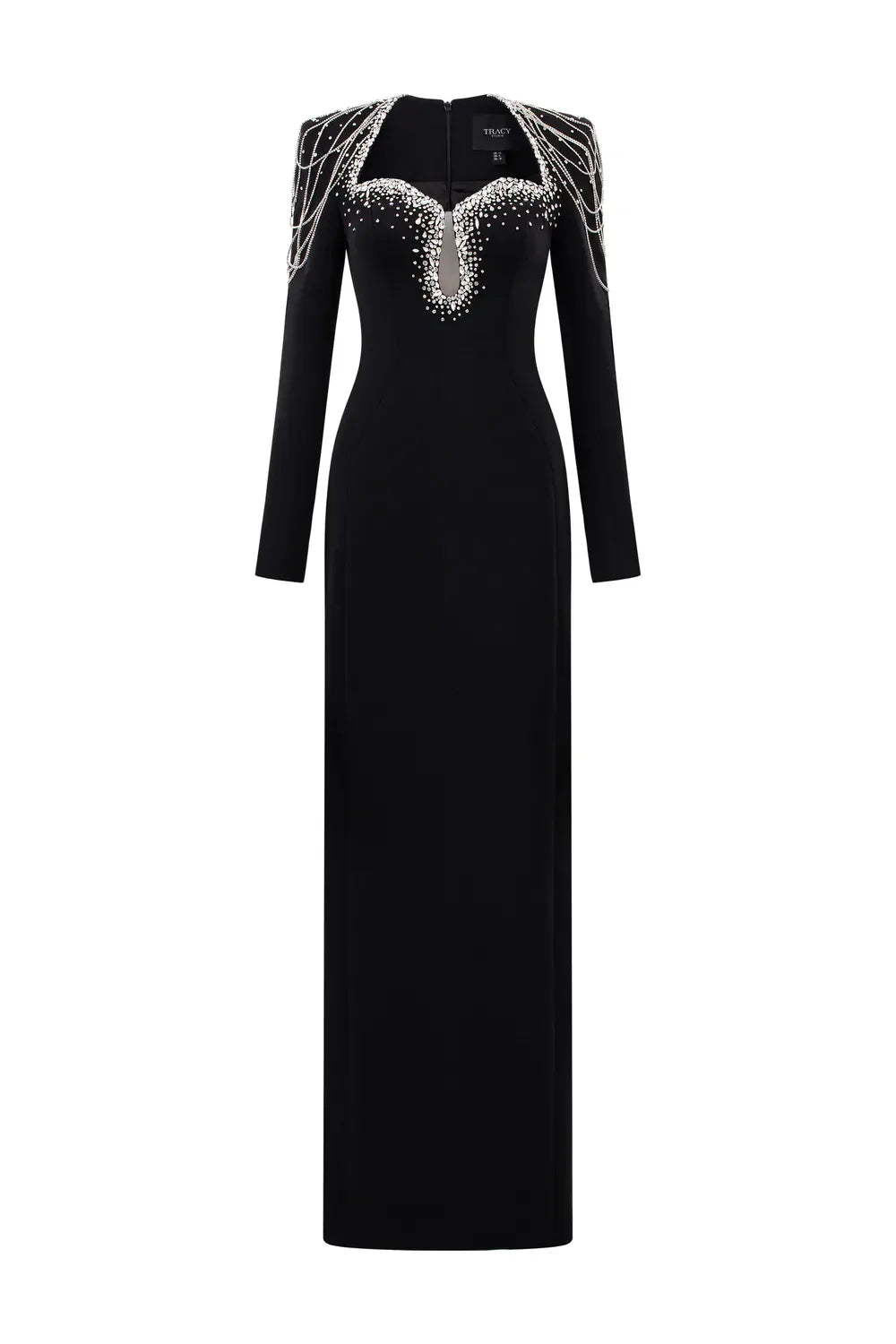 Long-Sleeve Column Dress with Beaded Shoulder Chains - ASTRA
