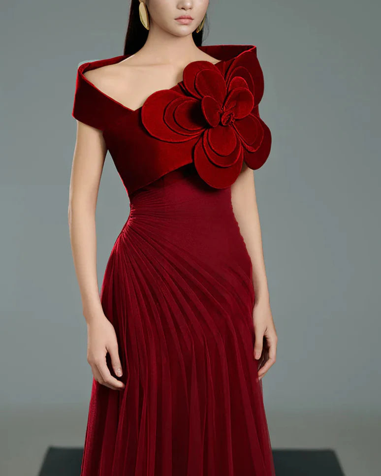 Off-shoulder pleated gown with oversized floral detail – SCARFAH