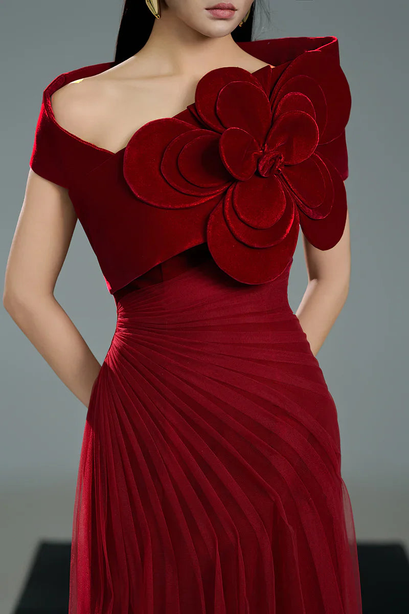 Off-shoulder pleated gown with oversized floral detail – SCARFAH