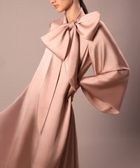 Long-sleeve satin gown with oversized neck bow – BLUSH