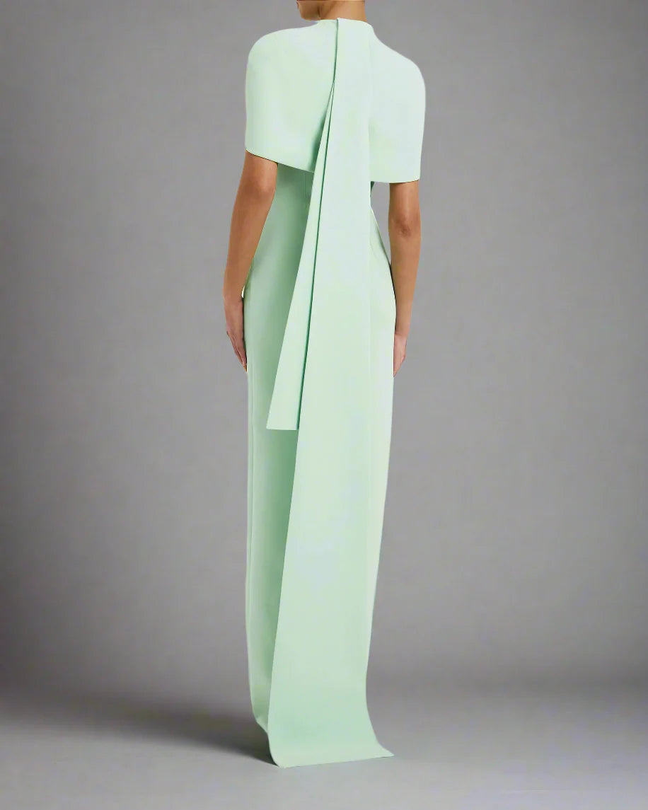 high-neck column dress with sculpted shoulder cape – Gofaan