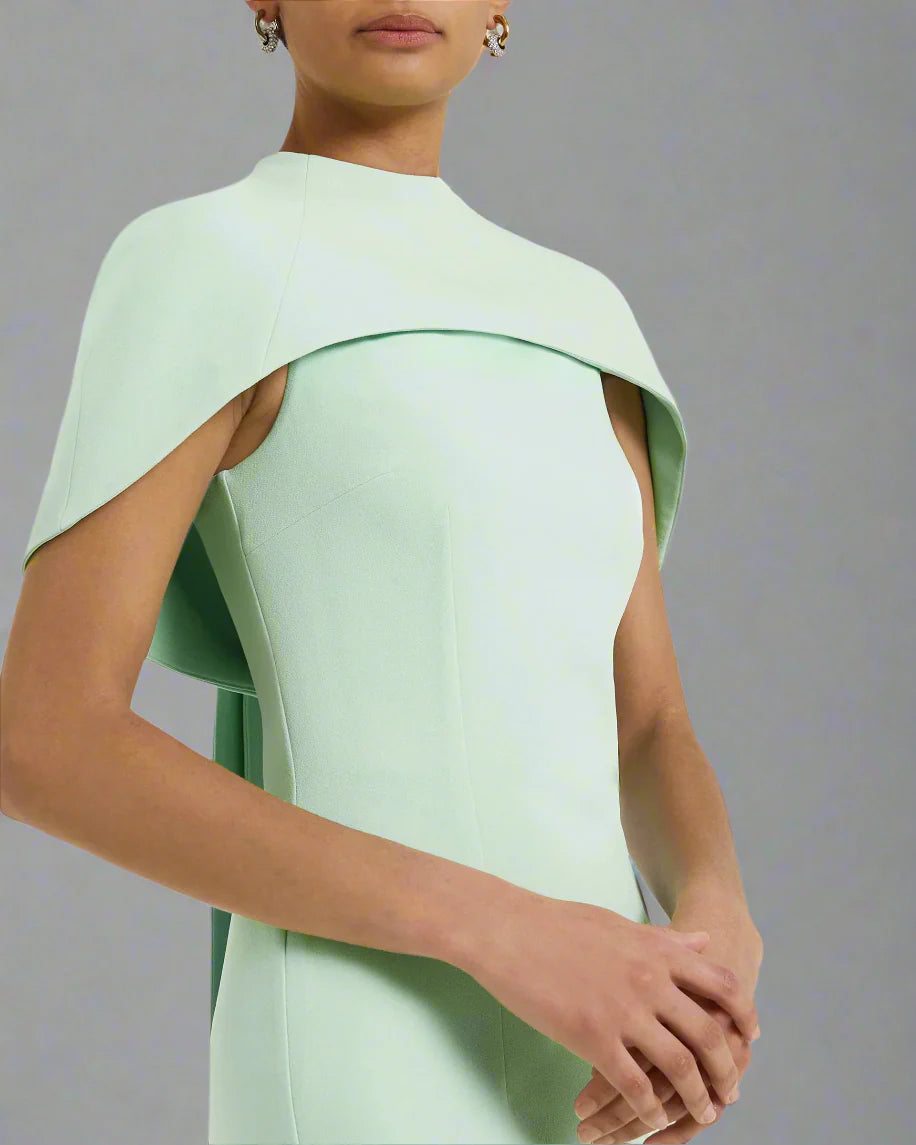 high-neck column dress with sculpted shoulder cape – Gofaan