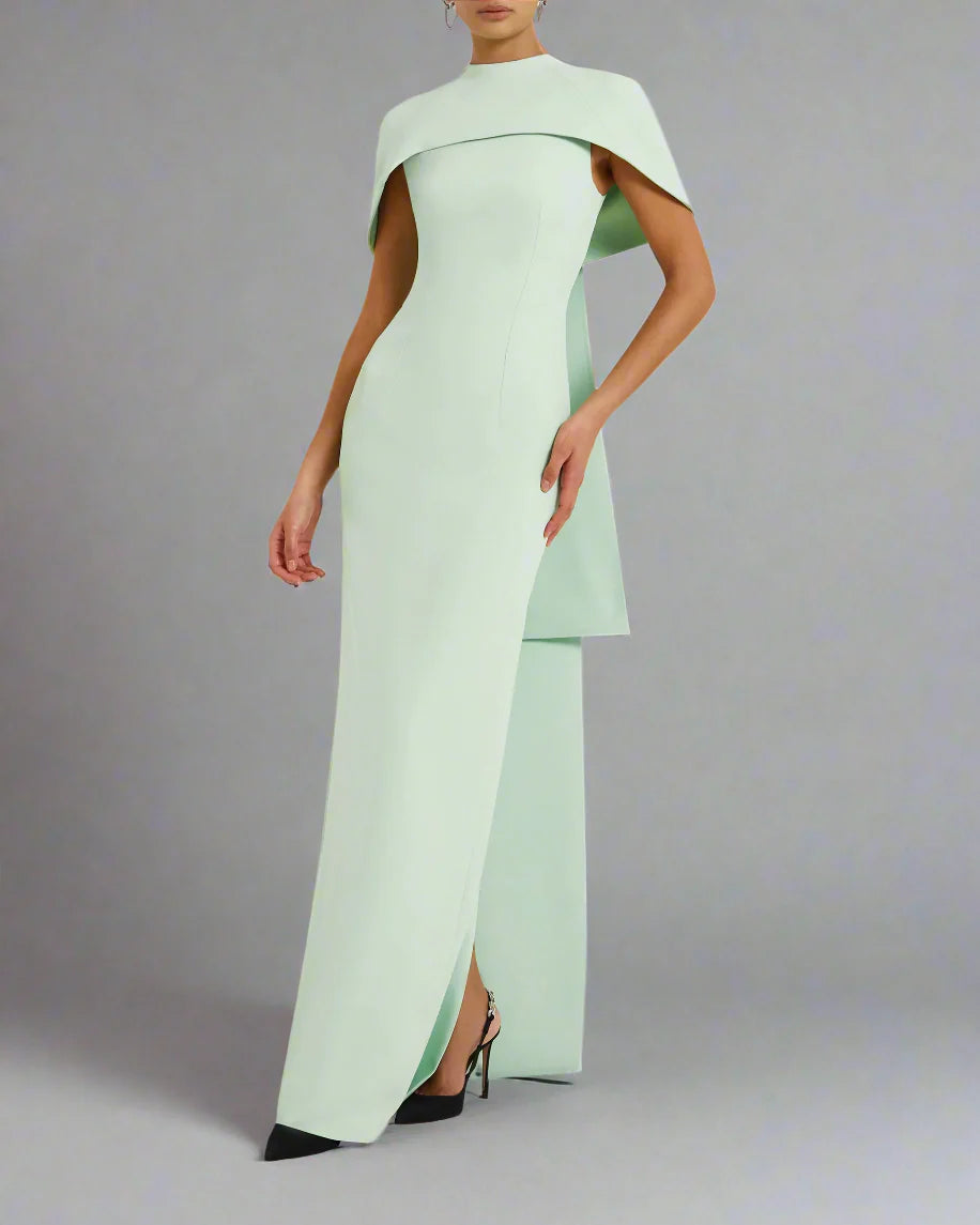 high-neck column dress with sculpted shoulder cape – Gofaan