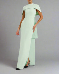 high-neck column dress with sculpted shoulder cape – Gofaan