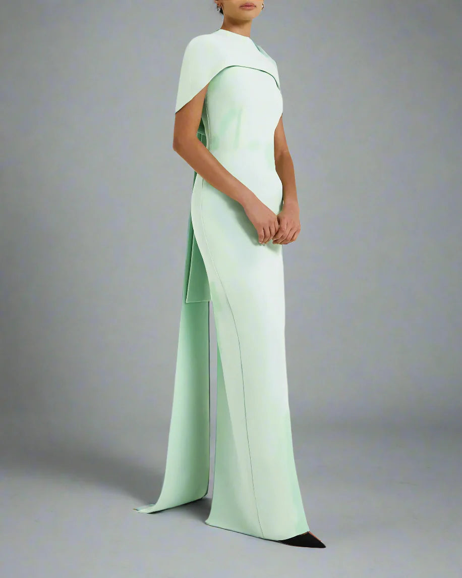 high-neck column dress with sculpted shoulder cape – Gofaan