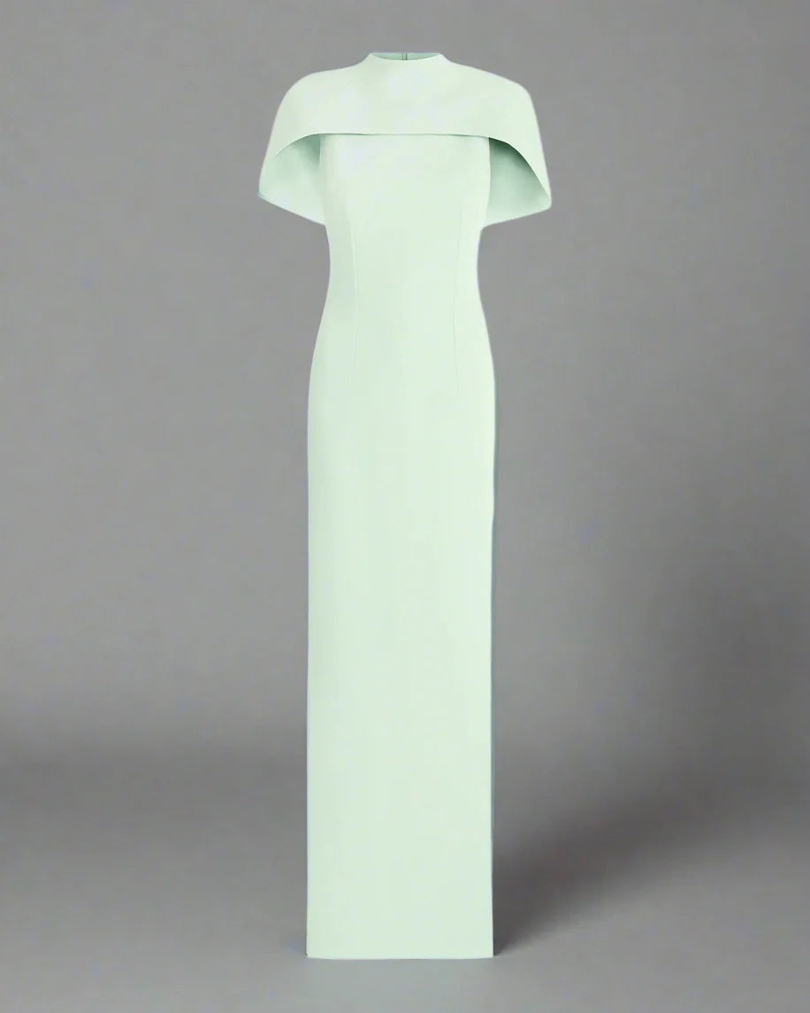 high-neck column dress with sculpted shoulder cape – Gofaan
