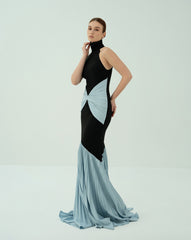 Sleeveless high neck dress with pleated tail - VIOLETTA