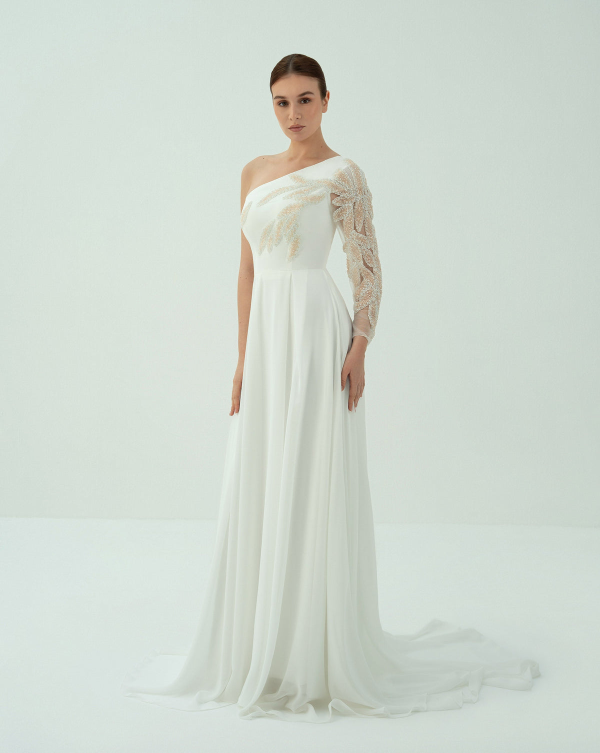 shoulder off wedding dress with beaded sleeve