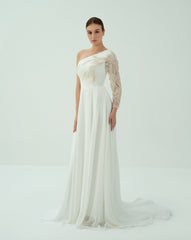 shoulder off wedding dress with beaded sleeve