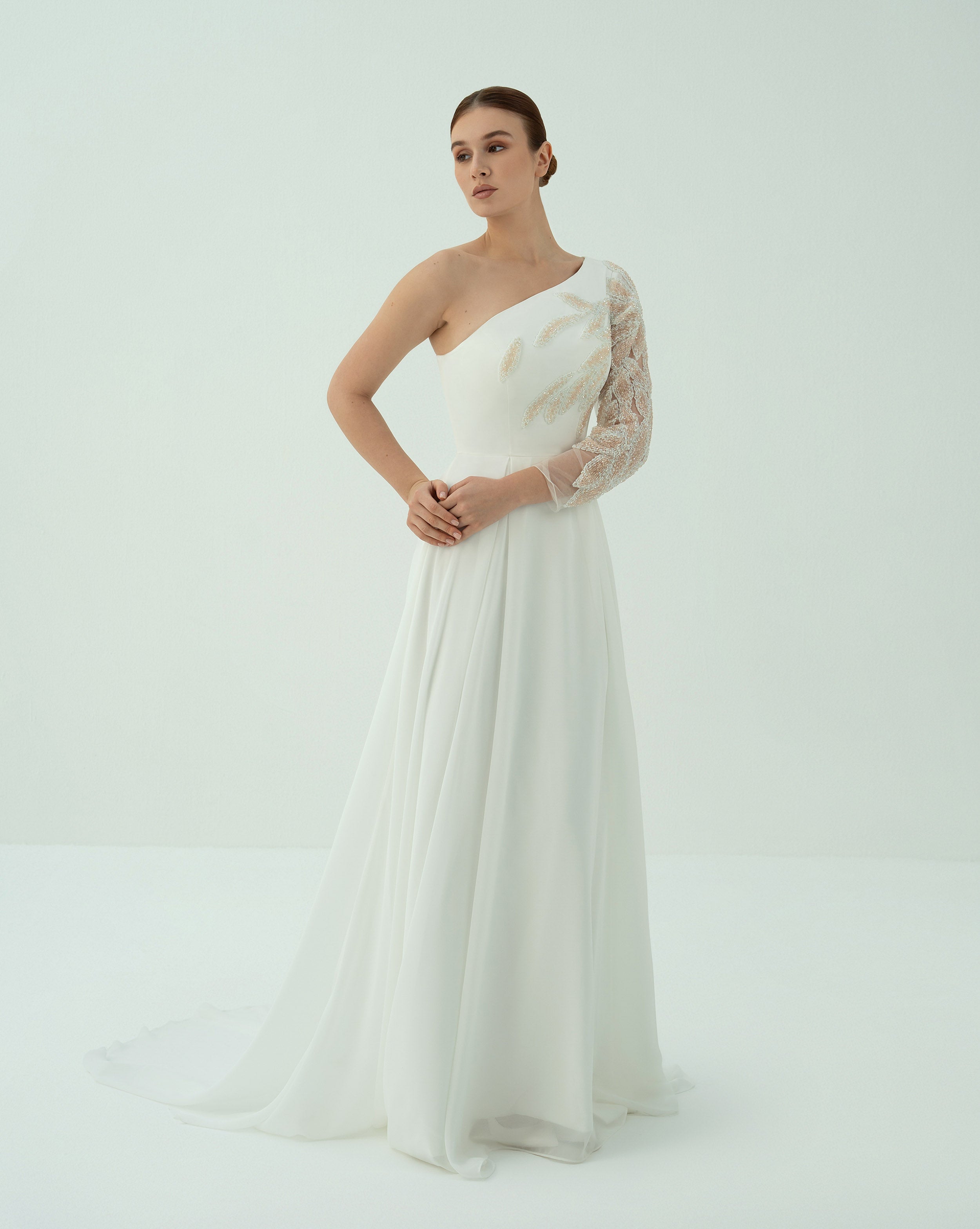 shoulder off wedding dress with beaded sleeve